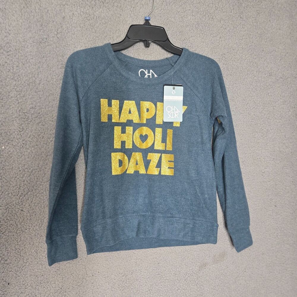 Chaser Womens Happy Holi Daze Raglan Sweatshirt Size S Blue Gold Glitter NWT